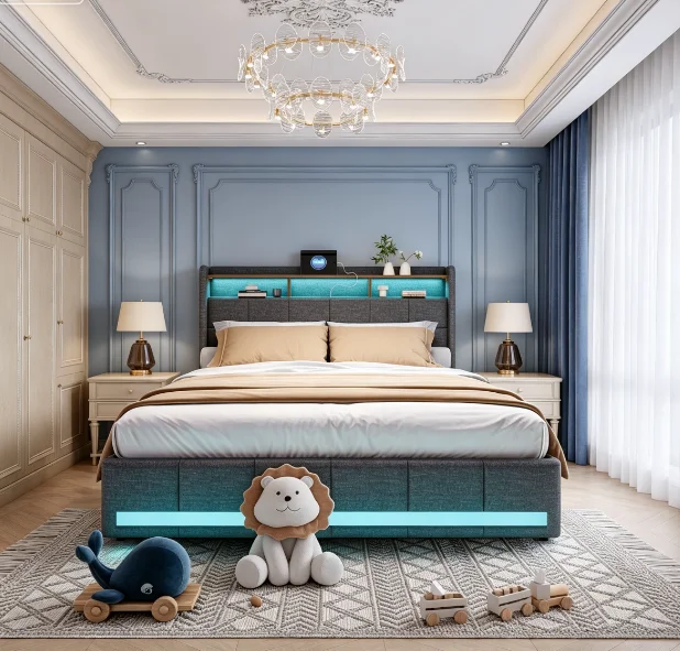 StayPlay Runaway Tweepersoonsbed 160x200cm – Linnen Grijs met LED-verlichting en opbergruimte