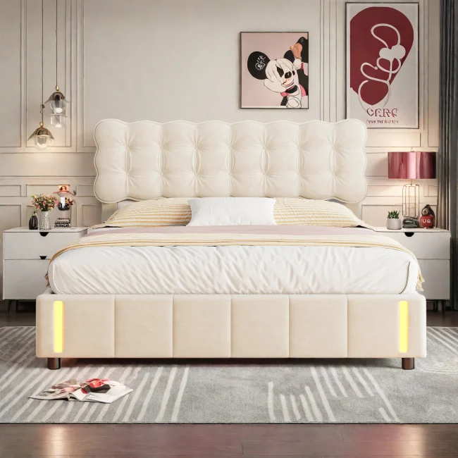 StayPlay Runaway Tweepersoonsbed 140/160x200cm – Fluweel met LED-verlichting, hydraulisch opbergsysteem en gestreept stiksel