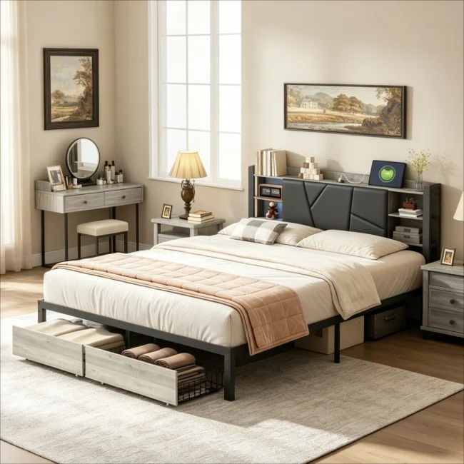 StayPlay Runaway Tweepersoonsbed – Metalen met LED-verlichting, opbergruimte en ingebouwde stopcontacten