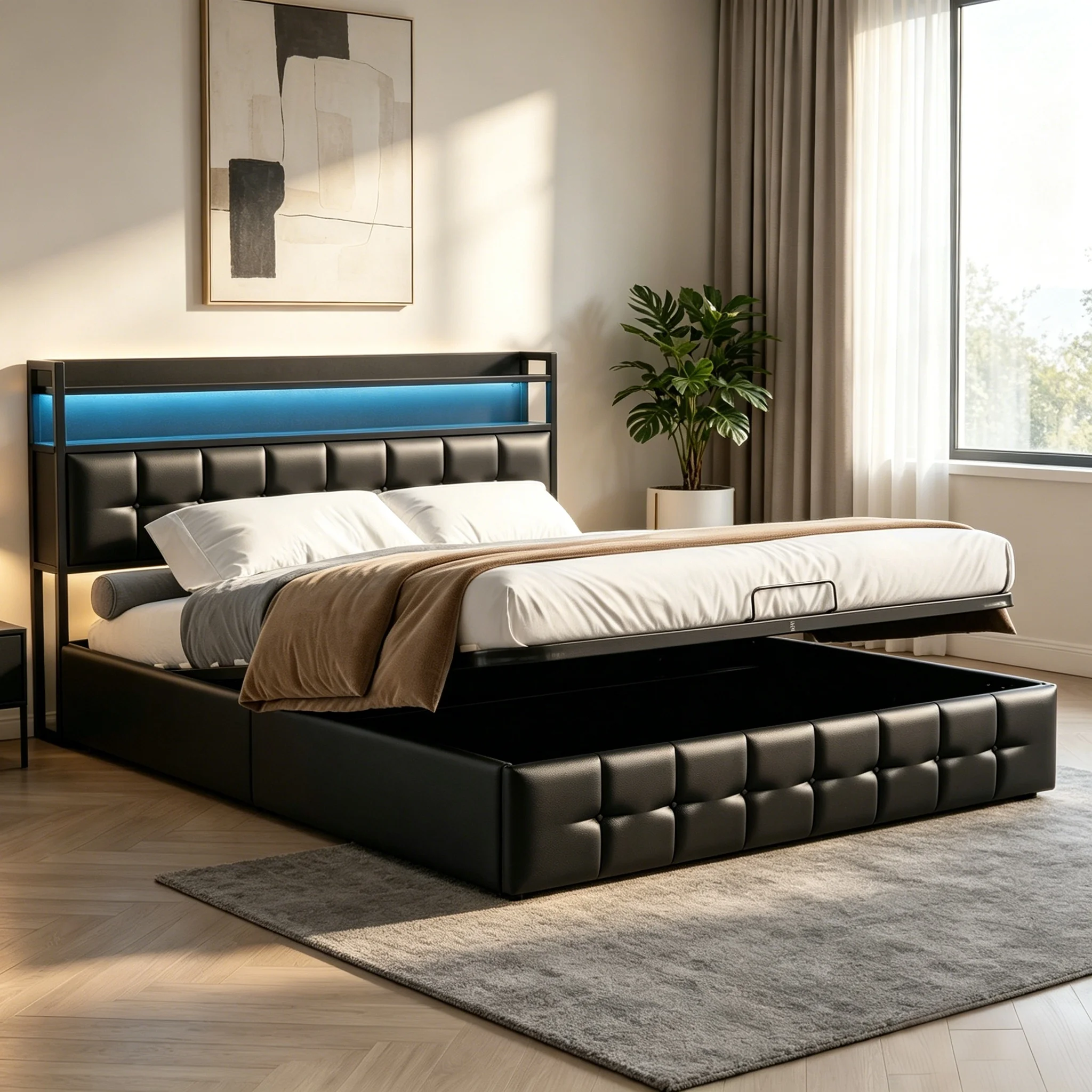 StayPlay Runaway Tweepersoonsbed 140x200cm – PU-leer Zwart met USB-oplaadpoort