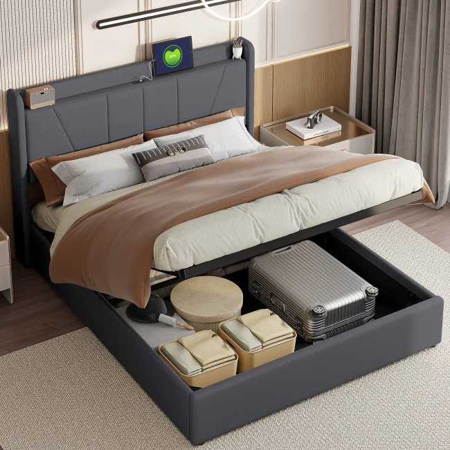 StayPlay Runaway Tweepersoonsbed 140x200cm – Linnen Grijs met USB-oplaadpoort, hydraulisch opbergsysteem en opbergruimte – Serie 2