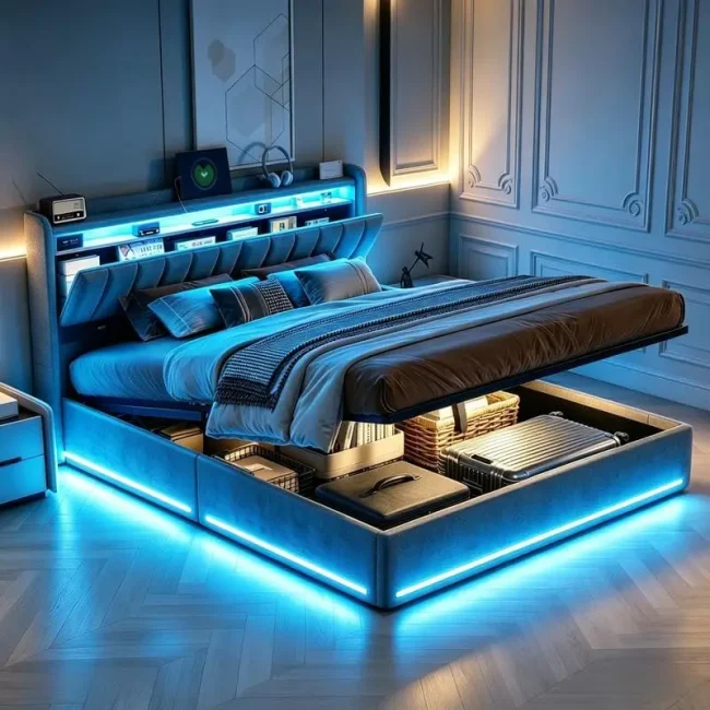StayPlay Runaway Tweepersoonsbed 160x200cm met LED-verlichting, hydraulisch opbergsysteem en opbergruimte