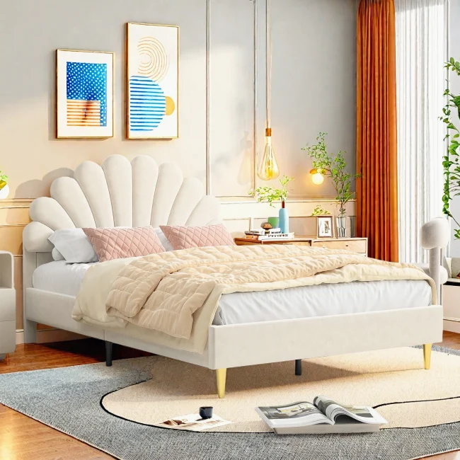StayPlay Runaway Tweepersoonsbed 140x200cm – Fluweel Beige met lattenbodem, meisjesbed