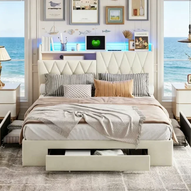 StayPlay Runaway Tweepersoonsbed 140x200cm – Fluweel Wit met LED-verlichting en lattenbodem