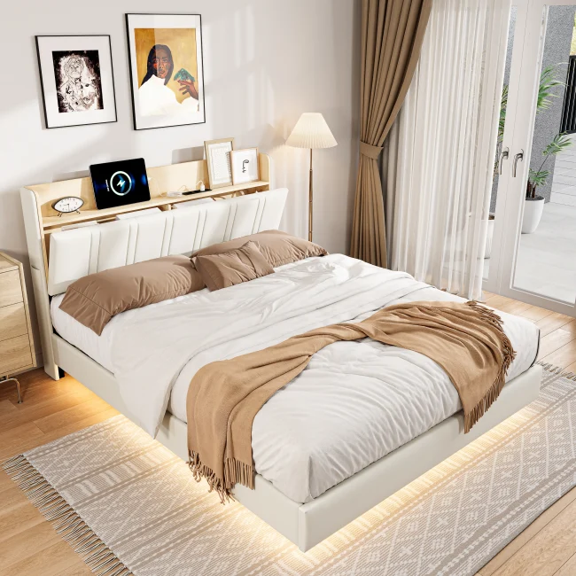 StayPlay Runaway Tweepersoonsbed 160x200cm – PU-leer Wit met USB-oplaadpoort en lattenbodem