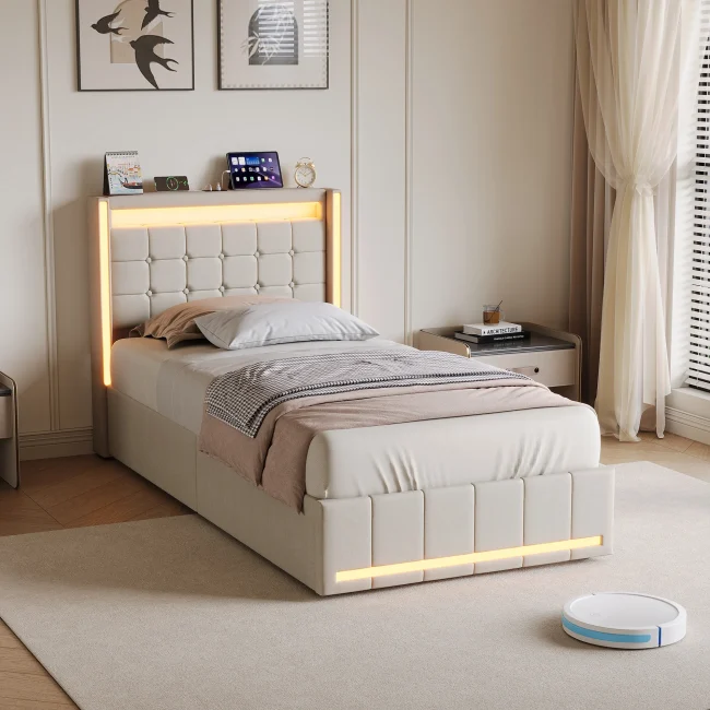 StayPlay Runaway Eenpersoonsbed 90x200cm met LED-verlichting, USB-oplaadpoort en opbergruimte
