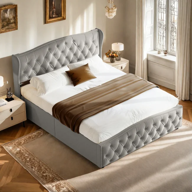 StayPlay Runaway Tweepersoonsbed 140x200cm – Fluweel Grijs met opbergruimte