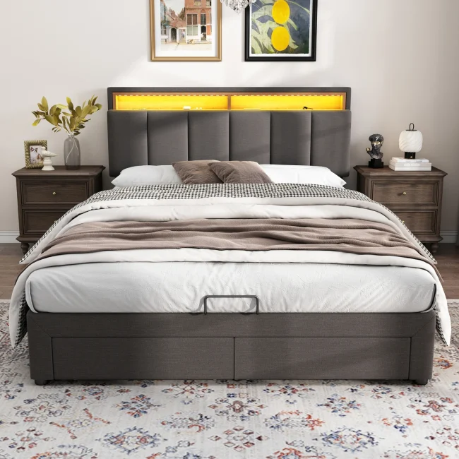 StayPlay Runaway Opbergbed 180x200cm – Linnen Grijs met hydraulisch opbergsysteem en opbergruimte