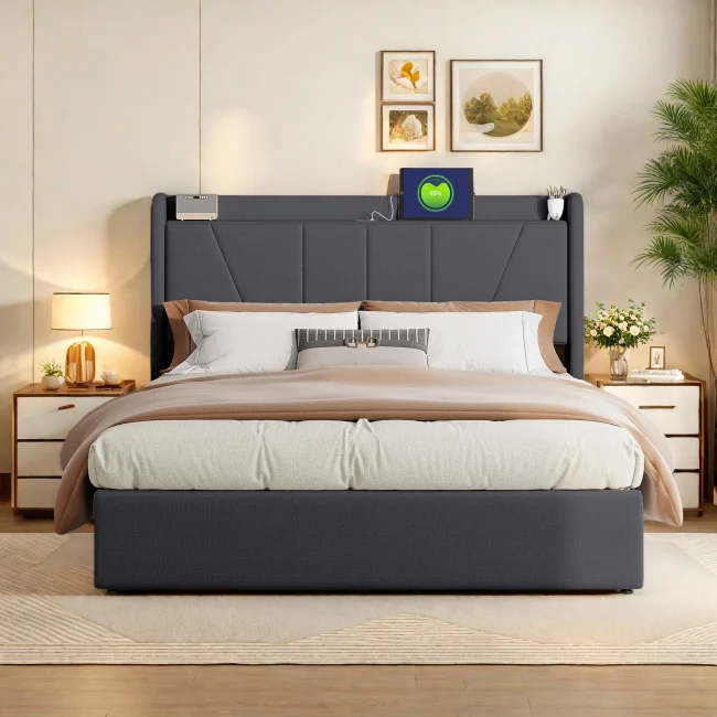 StayPlay Runaway Tweepersoonsbed 140x200cm – Linnen Grijs met USB-oplaadpoort, hydraulisch opbergsysteem en opbergruimte – Serie 3