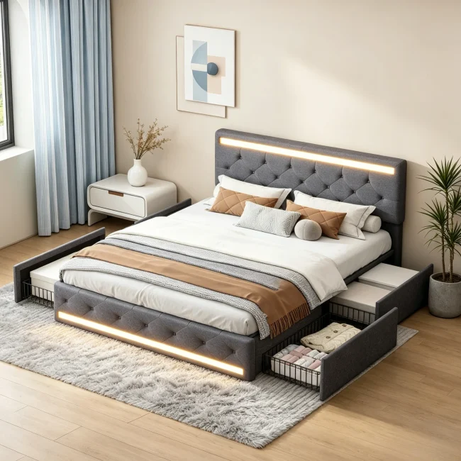 StayPlay Runaway Tweepersoonsbed 160/180x200cm – Linnen met LED-verlichting, USB-oplaadpoort en opbergruimte