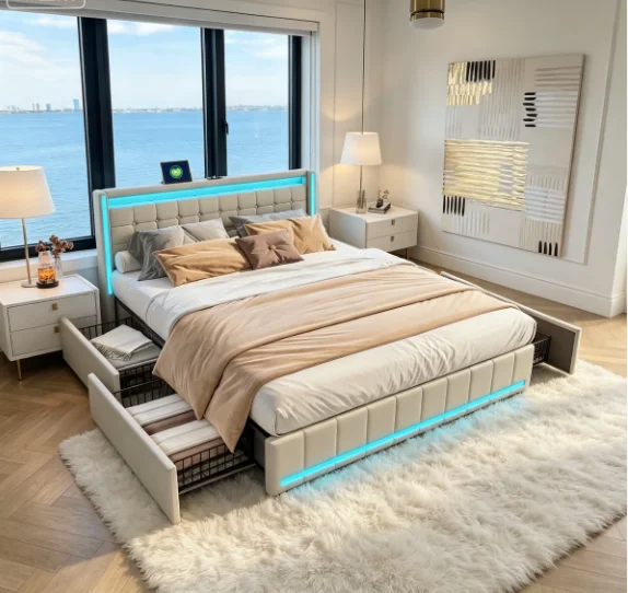 StayPlay Runaway Tweepersoonsbed 180x200cm – Linnen Beige met USB-oplaadpoort, opbergruimte en lattenbodem