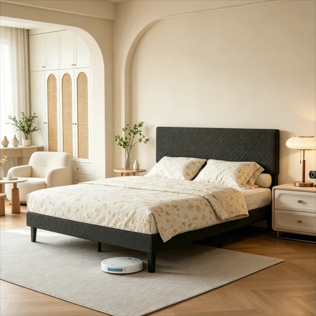 StayPlay Runaway Tweepersoonsbed 140/160x200cm – Linnen Grijs met lattenbodem, volwassenenbed, jeugdbed gecapitonneerd