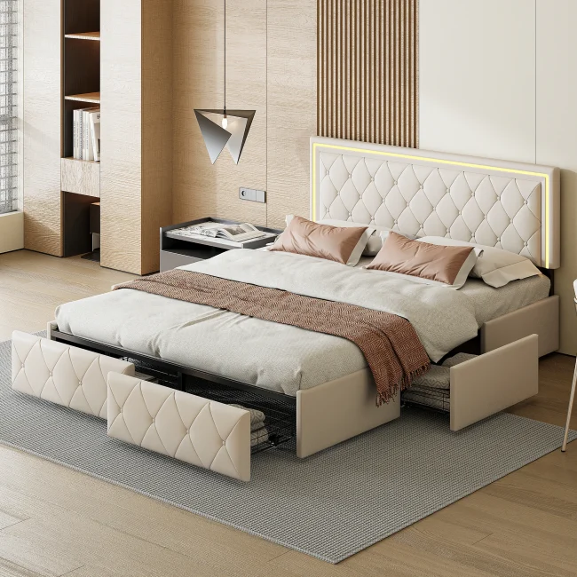StayPlay Runaway Tweepersoonsbed 160x200cm – Leer met opbergruimte en verstelbare hoogte