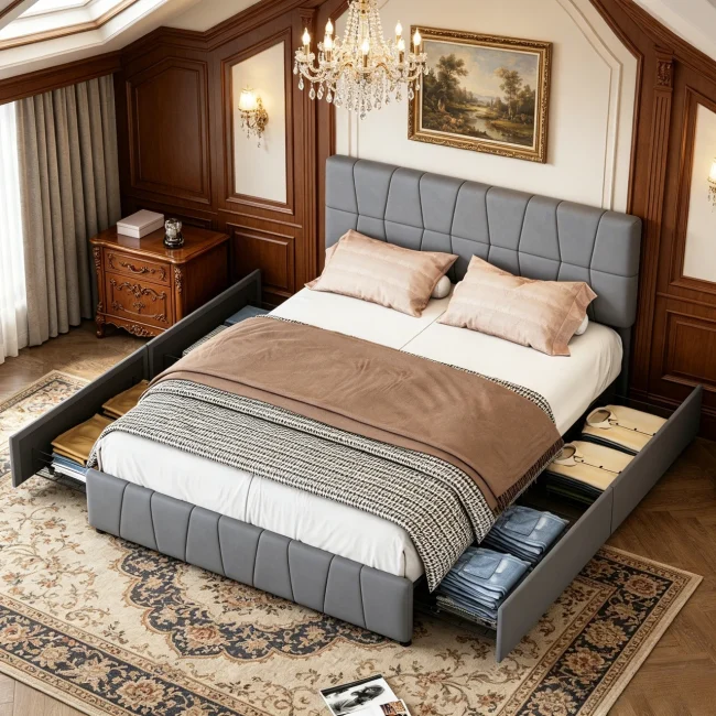 StayPlay Runaway Tweepersoonsbed 160x200cm – Fluweel Grijs met opbergruimte en verstelbare hoogte