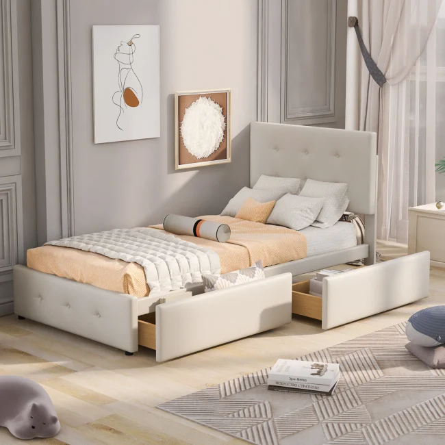 StayPlay Runaway Kinderbed 90x200cm – Fluweel Beige met lattenbodem – Serie 1