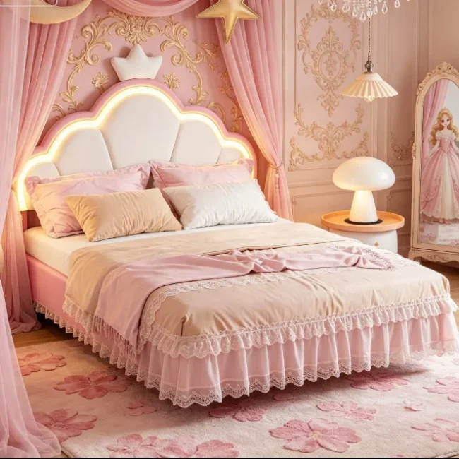 StayPlay Runaway Kinderbed 90x200cm – PU-leer Roze met LED-verlichting en lattenbodem