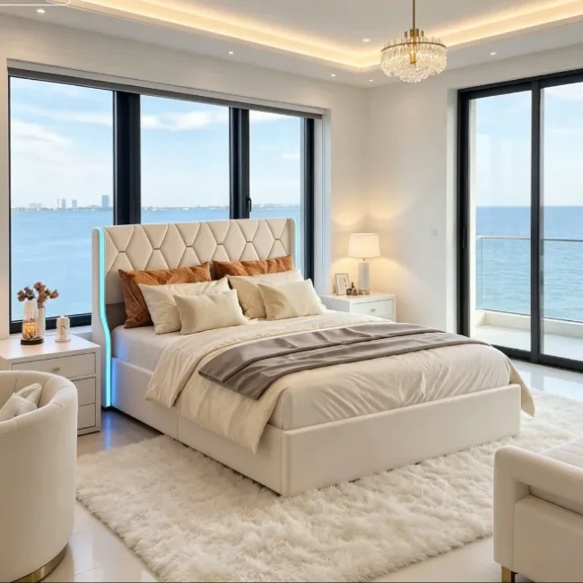 StayPlay Runaway Tweepersoonsbed 160x200cm – Fluweel Beige met hydraulisch opbergsysteem en opbergruimte