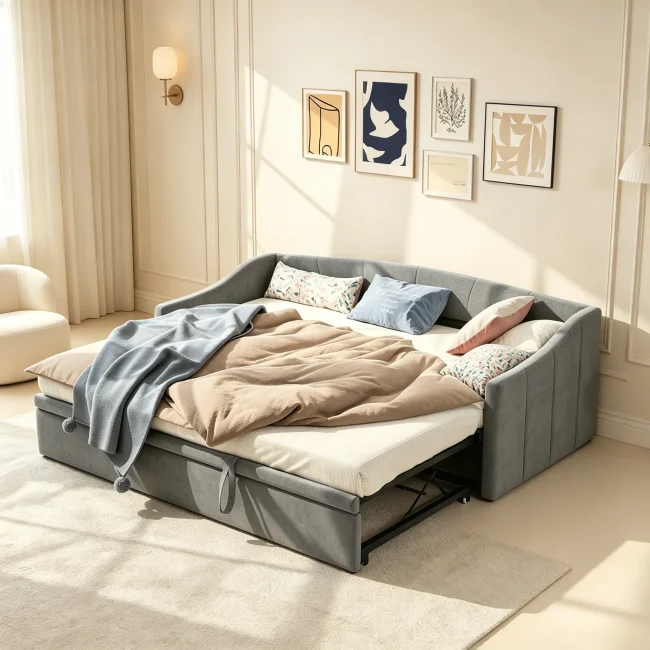 StayPlay Runaway Slaapbank 90/190x200cm – Grijs met lattenbodem en inklapbaar ontwerp