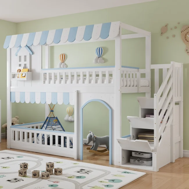 StayPlay Runaway Kinderbed 90x200cm – Massief Hout Wit met opbergruimte en veilige trap