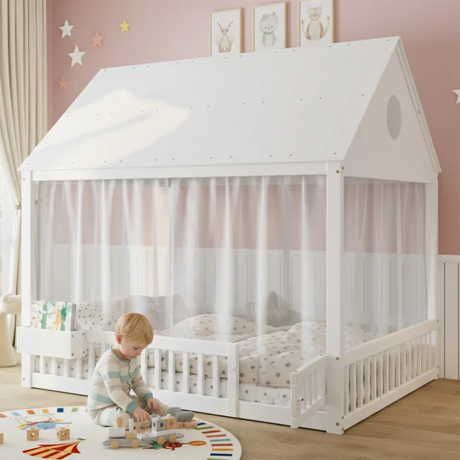 StayPlay Runaway Kinderbed 140x200cm – Massief Hout Wit met opbergruimte – Serie 2