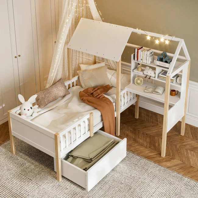 StayPlay Runaway Kinderbed 90x200cm – Wit met lattenbodem, ingebouwd bureau en veiligheidsrand