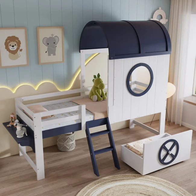 StayPlay Runaway Kinderbed 90x200cm – Grenen Wit met huisvormig raamdesign
