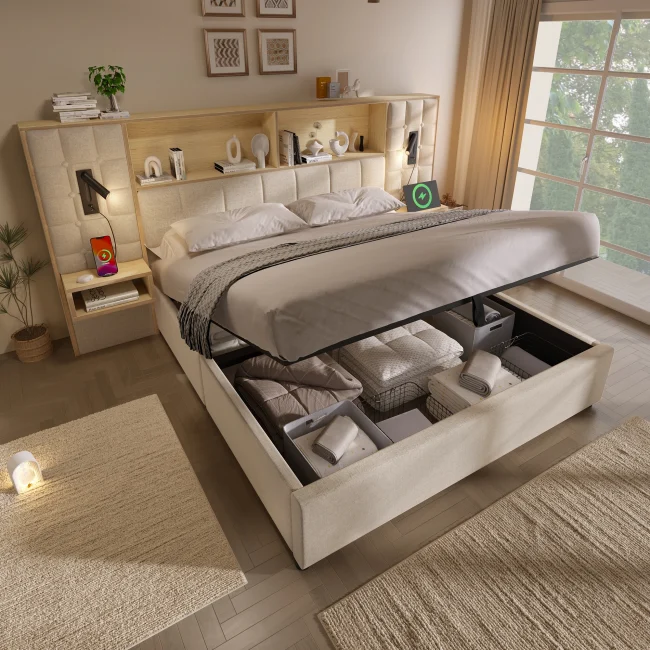 StayPlay Runaway Gestoffeerd Bed – Linnen Beige met USB-oplaadpoort, opbergruimte en lattenbodem