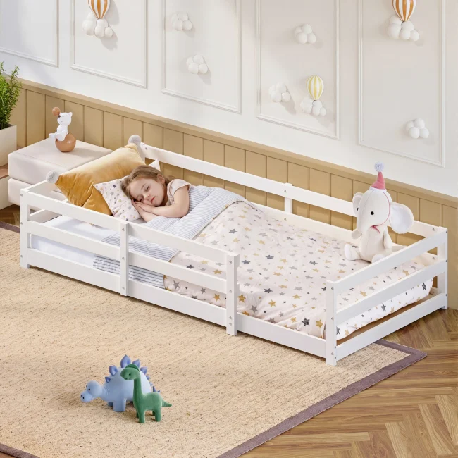StayPlay Runaway Vloerbed 90x200cm – Grenen Wit met veiligheidsrand