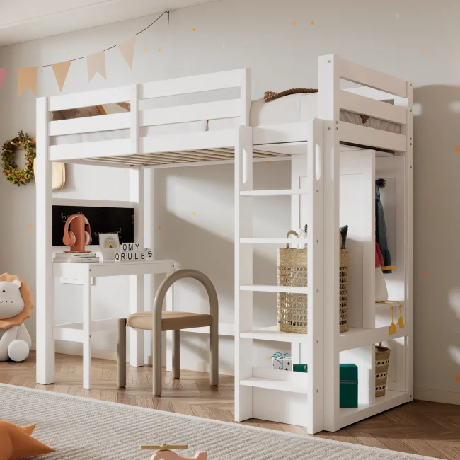 StayPlay Runaway Kinderstapelbed 90x200cm met lattenbodem, ingebouwd bureau en kledingkast