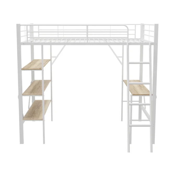 Wit metalen hoogslaper van 90x200 cm met bureau en drie grote planken voor kinderen, tieners en volwassenen