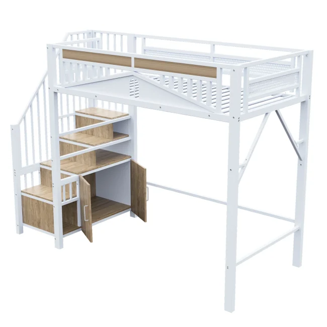 Wit metalen hoogslaper 90 x 200 cm met veiligheidsrail en opbergladder