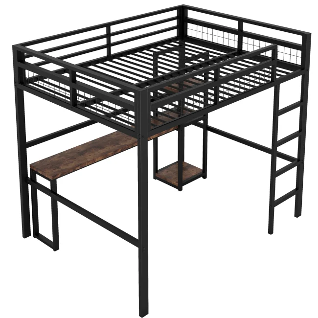 Hoogslaper 140x200 cm met metalen frame, bureau met USB Type-C, planken, veiligheidshek en ladder, zwart, zonder matras