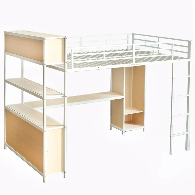 Metalen hoogslaper 140x200cm met bureau, opbergruimte en kast, witte en natuurlijke afwerking