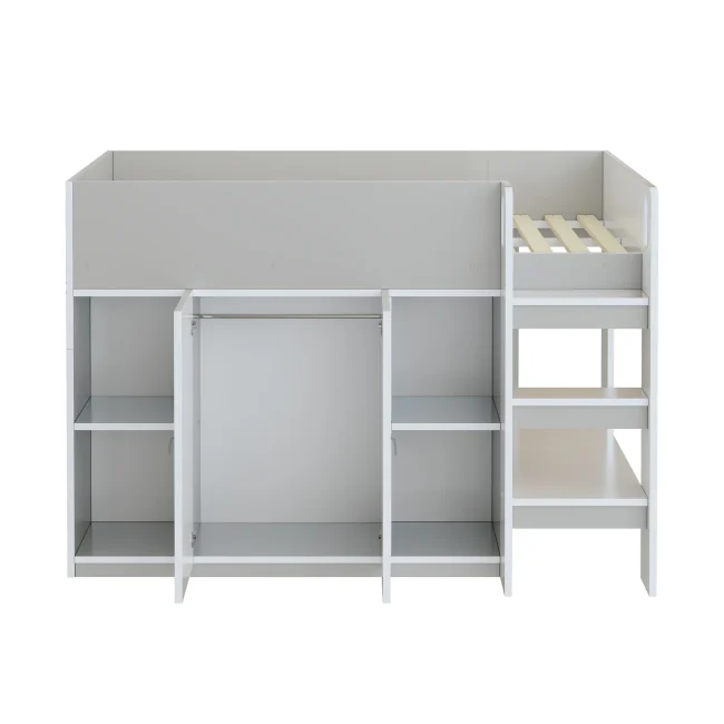Kinderhoogslaper 90x200 cm met opbergruimte, kast, planken en ladder, grijs en wit