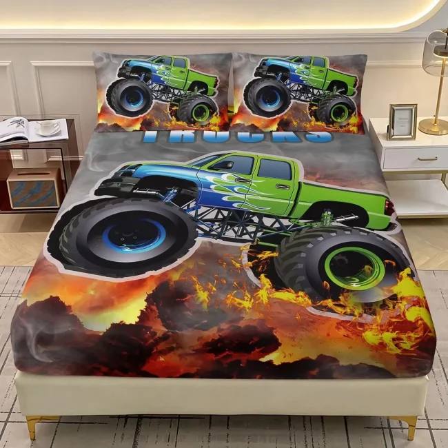 Kids Monster Truck hoeslakenset, 3D Space Galaxy dinosaurus lakenset op ware grootte, hoeslakenset en kussenslopen voor jongens