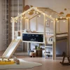 Kinderhoogslaper 90x200 cm met glijbaan, schoolbord, veiligheidsleuningen en ladder in massief houten afwerking