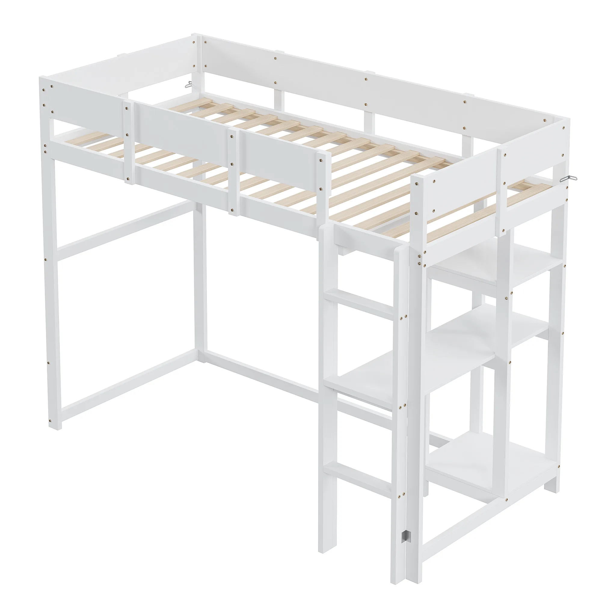 Wit 90 x 200 cm hoogslaper van massief grenenhout met opbergplank en lattenbodem voor kinderen en tieners
