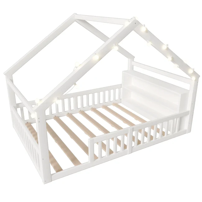 Kinderbedframe met veiligheidsrails en zijplanken, 140 x 190 cm, grenenhout, wit