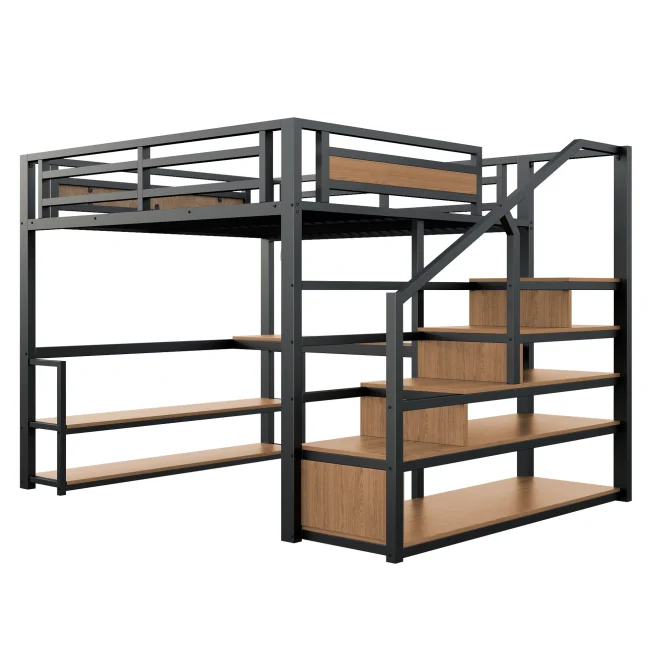 140x200 cm metalen hoogslaper met opbergladder, planken en bureau, veiligheidsleuning met samengestelde metalen latten, zwart ijzeren frame voor stabiele ondersteuning