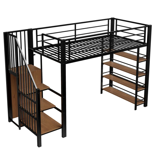 Zwart metalen hoogslaper 90x200 cm met veiligheidsladder, opbergplanken en kleine kast