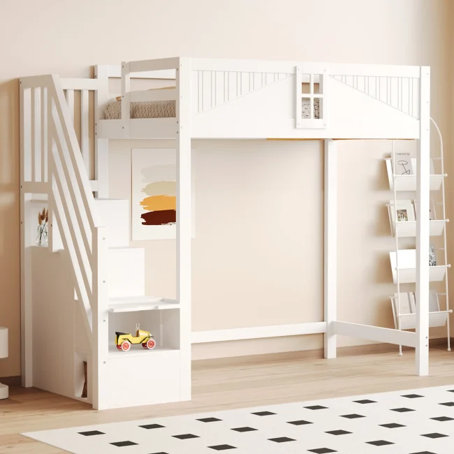 Massief grenenhouten hoogslaper 90x200 cm met veiligheidspaneel, omkeerbare zijladder, wit