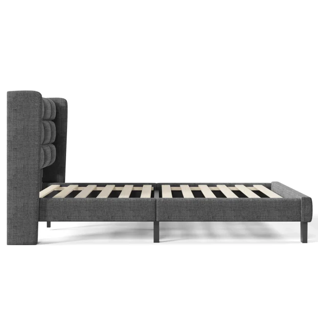Grijs linnen gestoffeerd tweepersoonsbedframe met lattenbodem 140x200 cm, zonder matras.