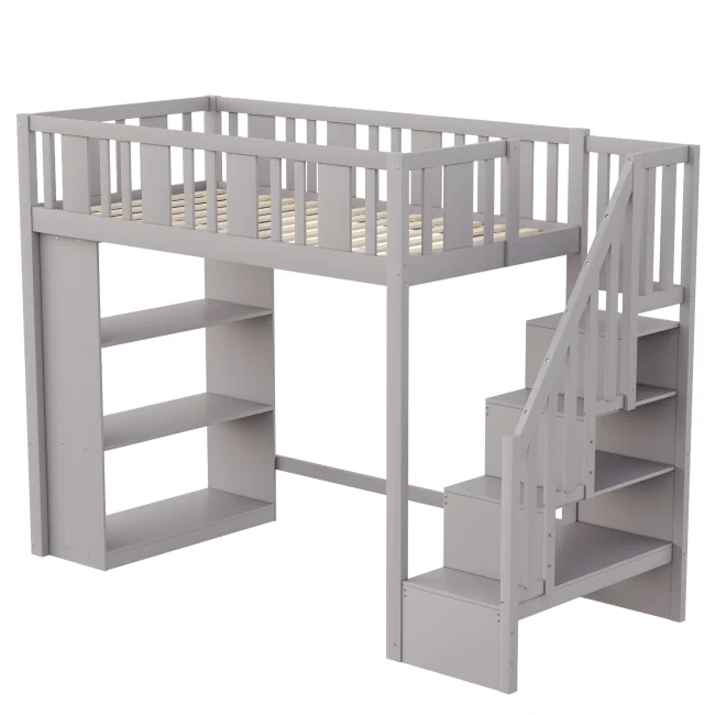 Kinderhoogslaper 90x200 cm met opbergruimte, trap en veiligheidsrail, grijs grenenhouten frame (matras niet inbegrepen)