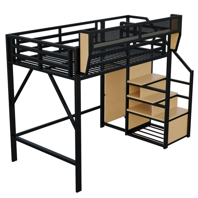 Metalen hoogslaper 140x200 cm met veiligheidsladder en verstelbare opbergplank, zwart