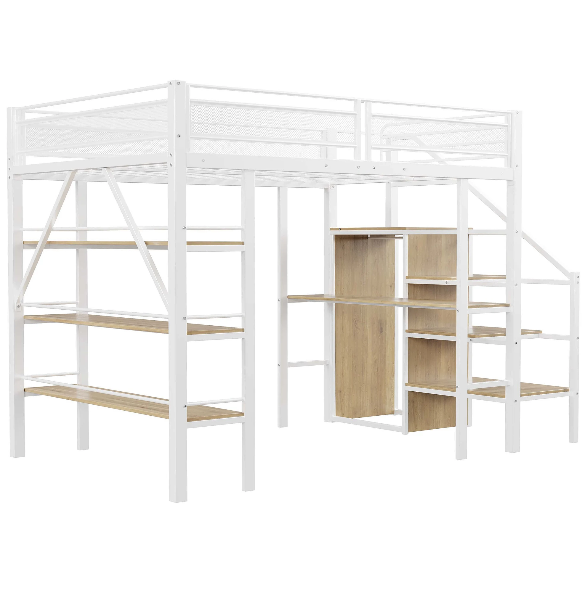 Multifunctioneel zwart metalen hoogslaper 140x200 cm met opbergplanken, bureau, kast en veiligheidsstappen
