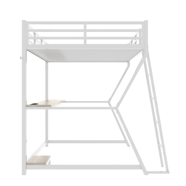 Hoogslaper 90x200 cm met LED-verlichting, bureau, computerplank, stopcontact en USB-aansluiting, wit