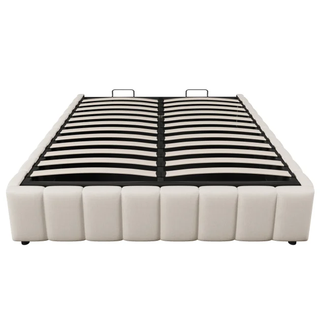 Beige gestoffeerd bedframe 140x200cm met hydraulische opbergruimte, zonder hoofdeinde en matras