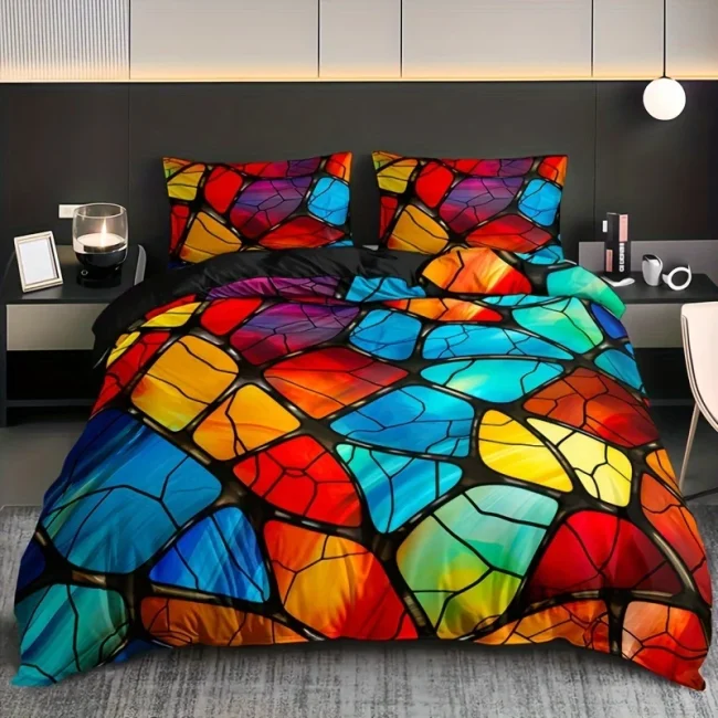Ademend polyester dekbedovertrekset met geometrisch patroon - machinewasbaar, perfect voor slaapzaaldecoratie thuis