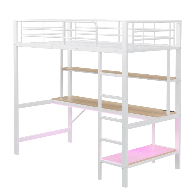 Wit metalen hoogslaper 90x200 cm met veiligheidsleuning, ladder, USB- en stopcontact, LED-verlichting, bureau en meerlaagse planken, zonder matras