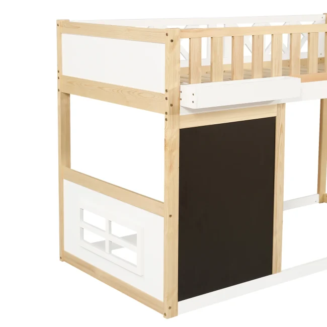 Kinderhoogslaper met schoolbord, opbergbox, veiligheidshek, grenen & MDF, wit en naturel, 90x200cm
